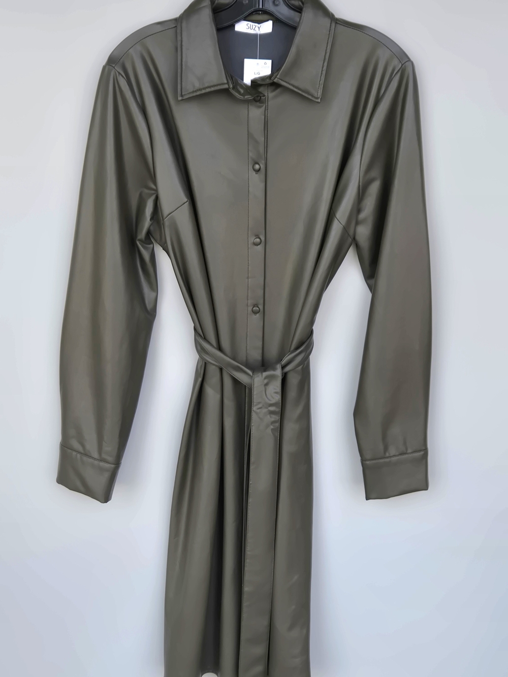 Suzy Shier Olive Faux-Leather Shirt Dress with Belt- Size Large
